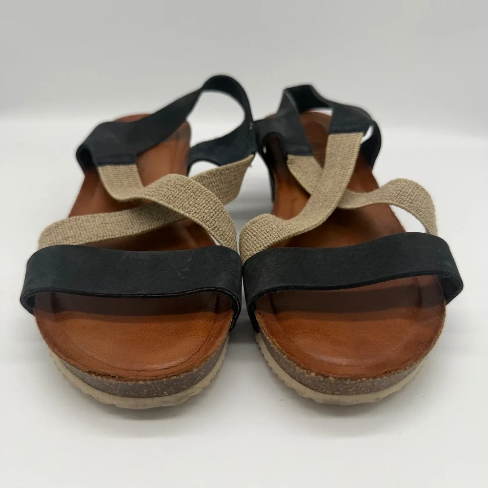 Bio Bio Womens Black Tan Elastic Leather Wedge Sandals Made in Spain Size 8